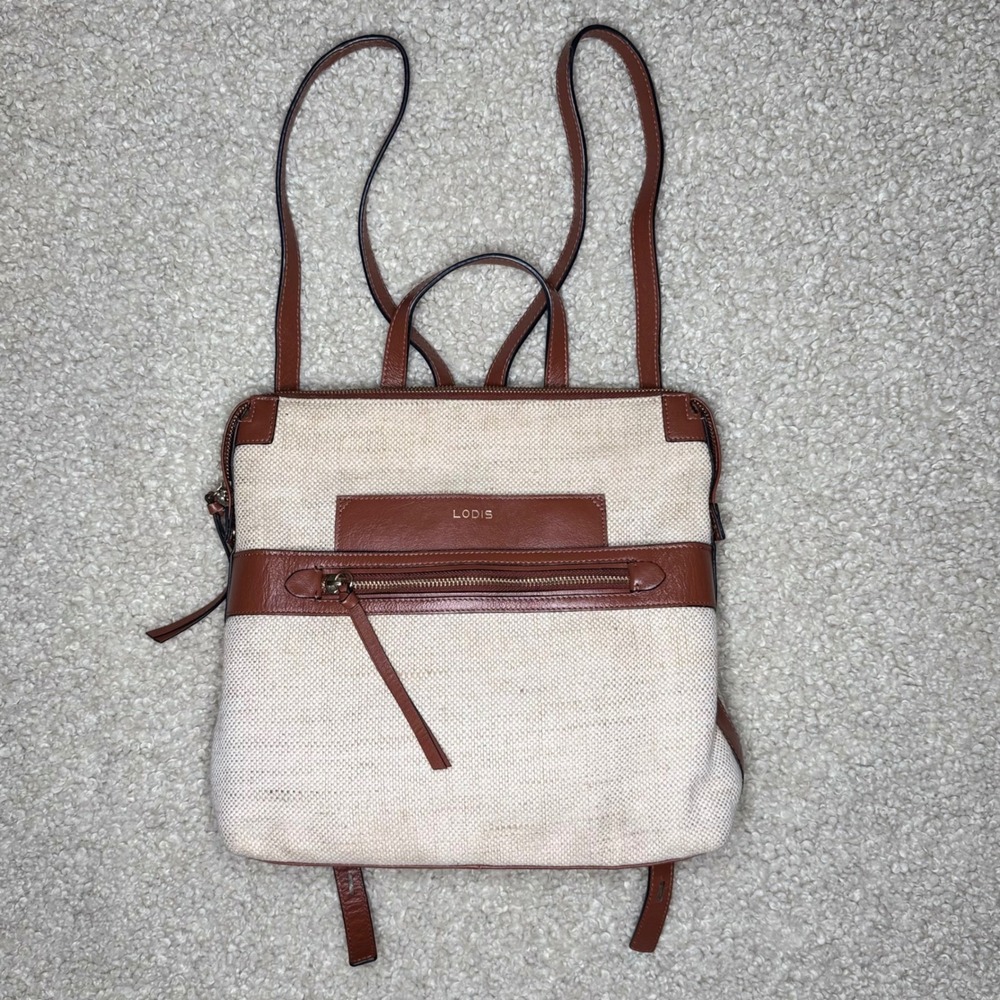 Lodis Pippa Backpack Cream Jute Cotton Tan Leather Trim Zip Top Bat